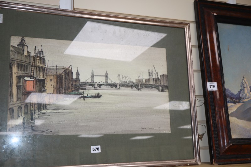 Sir Charles Madden (1906-2001), watercolour and ink, The Thames from the Mermaid Theatre, signed and dated 65, 32 x 55cm